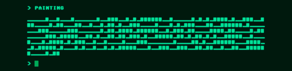 A "painting" from The Museum of Generated Art. In green text against a black background is a randomly generated morse-code like text serving as a generated "painting" in the space.