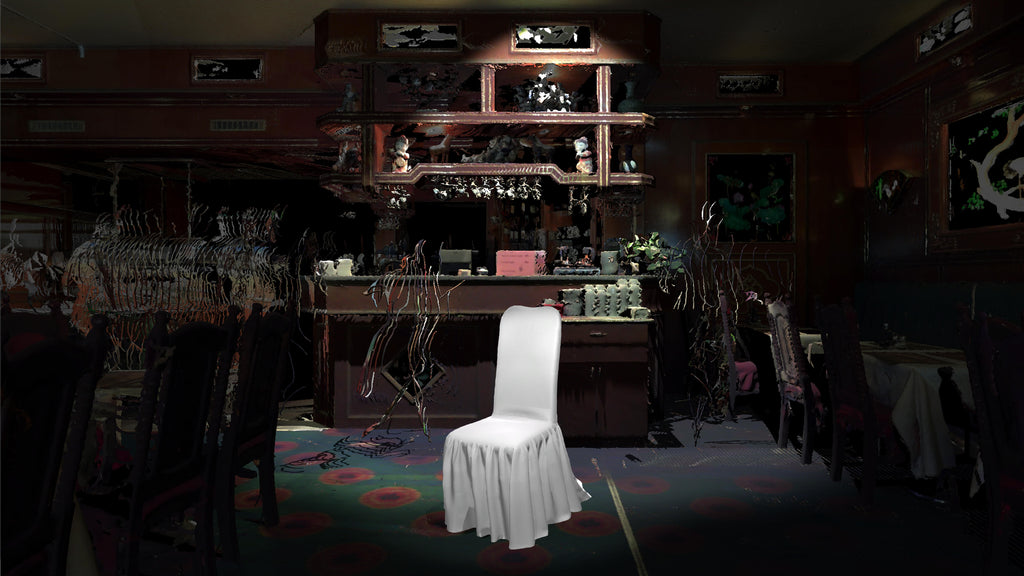 A still from Phantom Banquet features an illuminated dining chair covered in white cloth sitting in a dark restaurant in front of the bar.