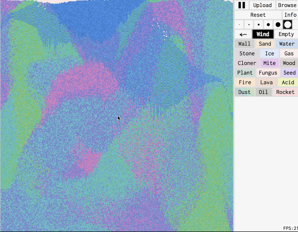 Second sandspiel example work. Options on the right for creating drawings include virtual materials like sand, ice, fungus, acid, lava, and more.