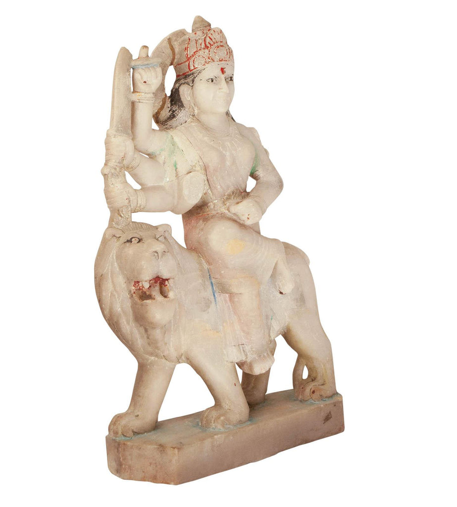 Circa 1900 Marble Statue of a Deity Riding a Lion, India