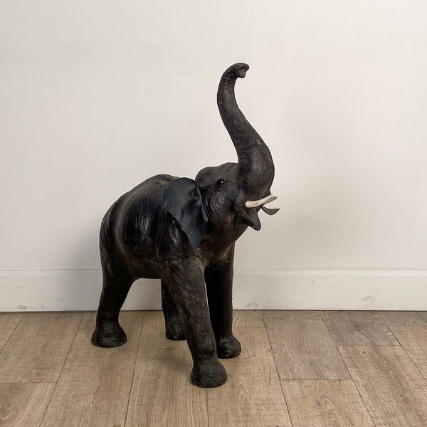 Large Leather Vintage Elephant with Glass Eyes and Imitation Tusks