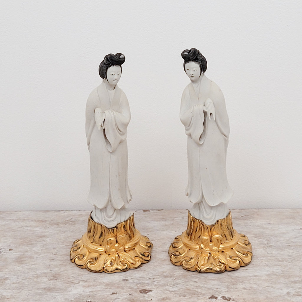 Circa 18th Century Bisque Noblewomen on Later Gilt Stands