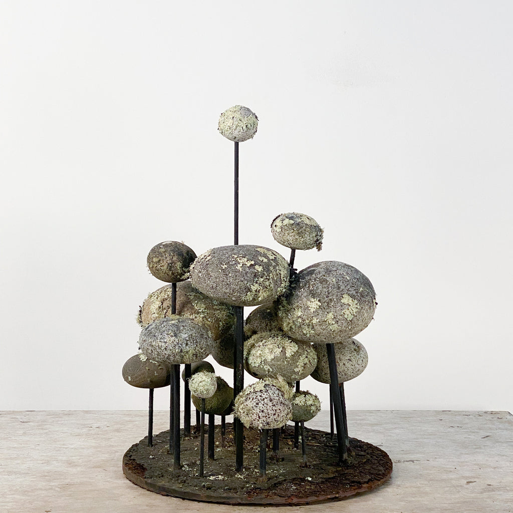 Large and Curious Display of Lichen-Mottled Rocks Mounted on Steel
