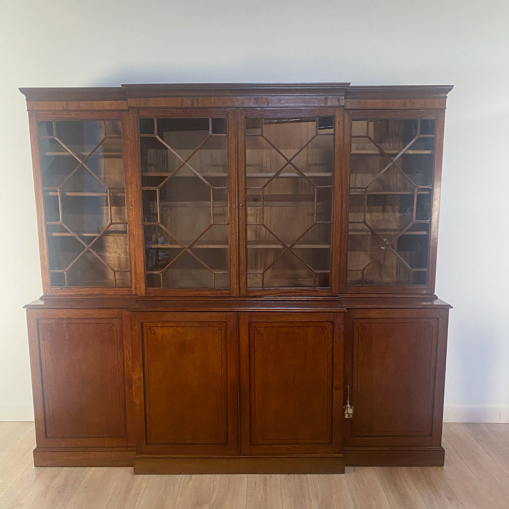 Circa 1840 Victorian Breakfront Bookcase with Inlays and Original Glass Plate, England