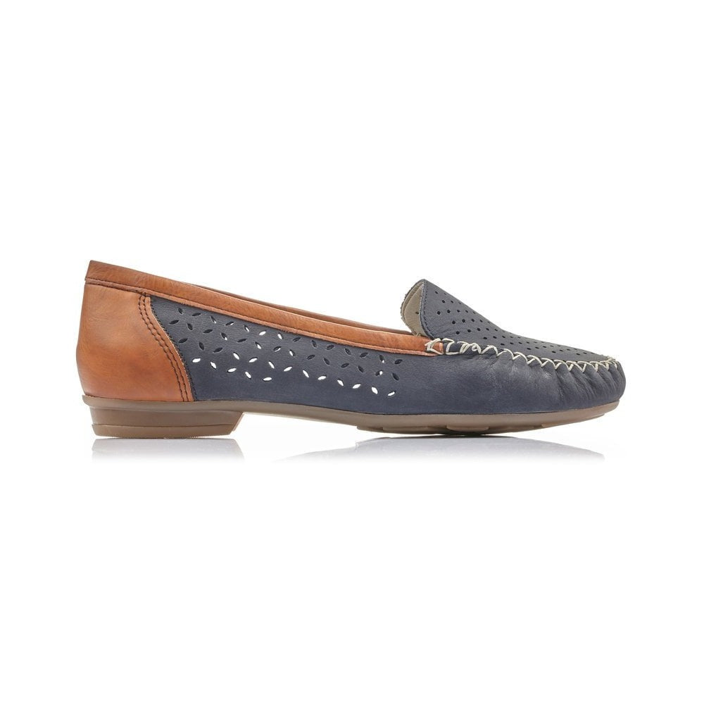 Ladies Navy Tan Slip On Moccasin Loafer – Shoes