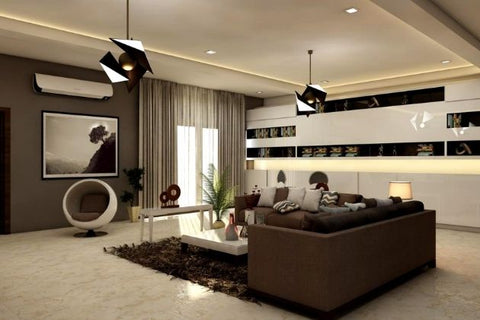 Modern living room in beige and brown colors