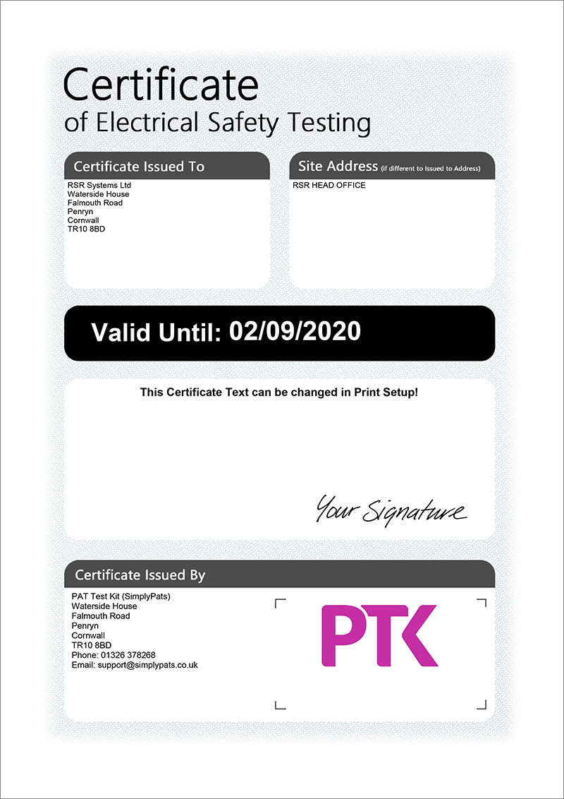 Portable Appliance Testing (PAT Testing) Certificate from SimplyPats