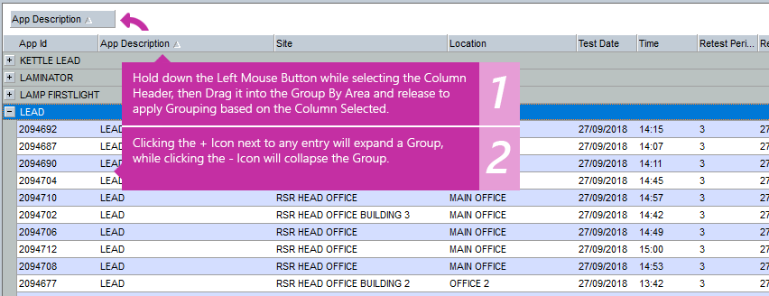 SimplyPats PAT Testing Software - Grouping Records