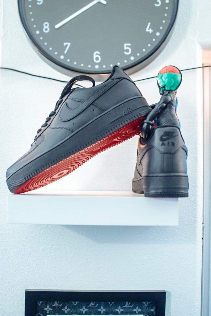 matte black air forces with red