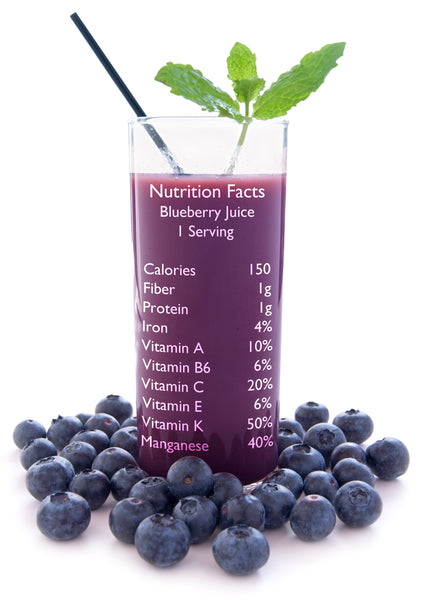Nutritional panel for blueberry juice on the side of a glass containing blueberries