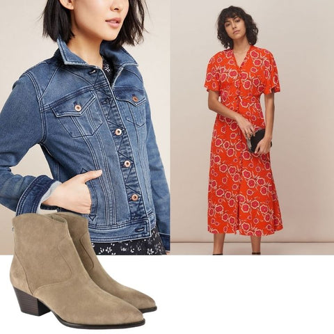 Denim and printed dress styling