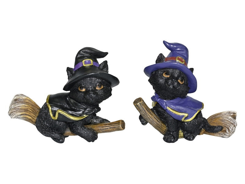 CAT WITCH ON MAGICAL BROOMSTICK 10CM