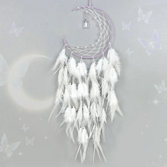 DREAMCATCHER MOON WITH PENDANT POINT WHITE FEATHER