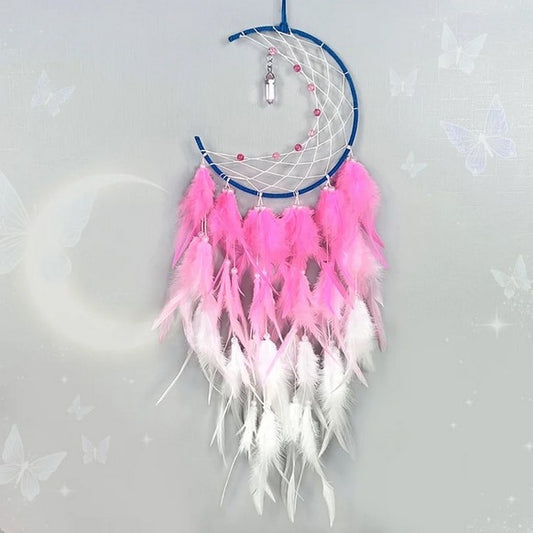 DREAMCATCHER MOON WITH PENDANT POINT PINK FEATHER