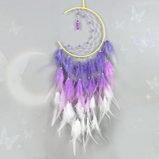 DREAMCATCHER MOON WITH PENDANT POINT PURPLE WHITE FEATHER