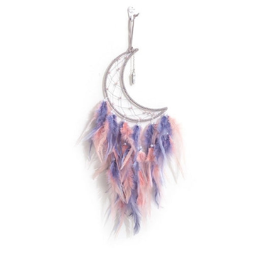 DREAMCATCHER MOON WITH PENDANT POINT PINK PURPLE FEATHER