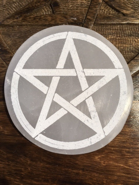 Selenite Round Charging Plate with Engraved Pentacle