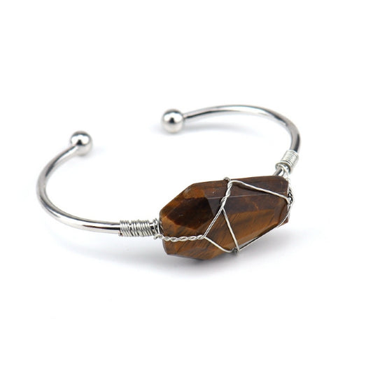 Cuff Bracelet Wire Wound Hexahedron Tiger Eye