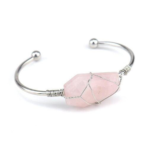 Cuff Bracelet Wire Wound Hexahedron Rose Quartz