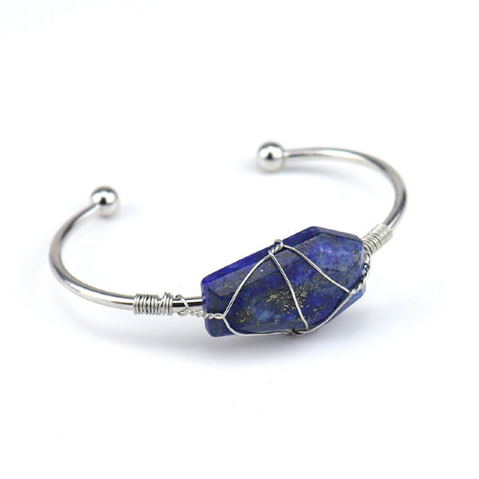 Cuff Bracelet Wire Wound Hexahedron Lapis Lazuli