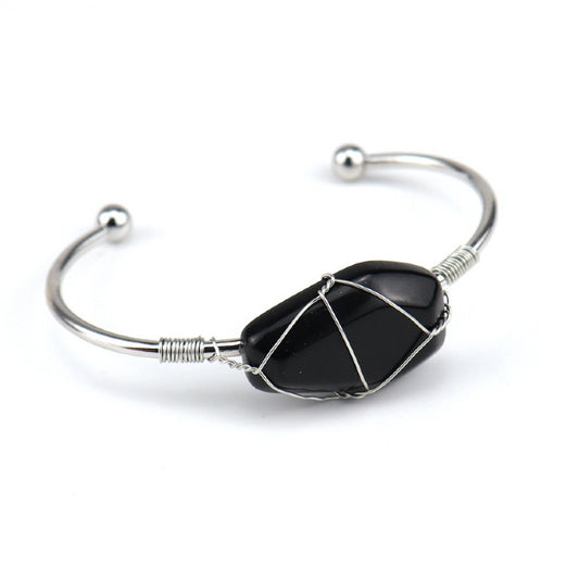 Cuff Bracelet Wire Wound Hexahedron Obsidian