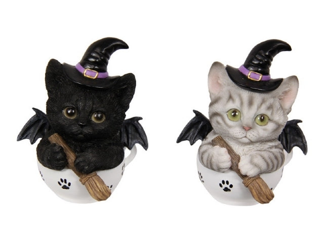 CAT WITCH WITH BROOMSTICK 11CM 2 ASSTD