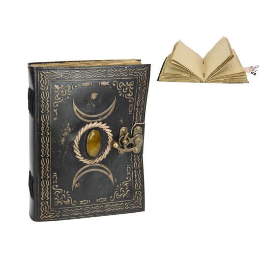 Antique Paper Leather Journal Spell Book with Triple Moon and Stone Design