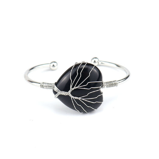 CUFF BRACELET WIRE WOUND TREE OF LIFE HEART OBSIDIAN