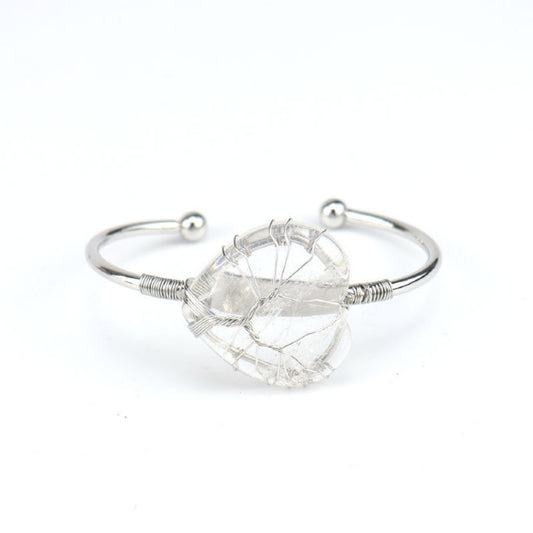 CUFF BRACELET WIRE WOUND TREE OF LIFE HEART CLEAR QUARTZ