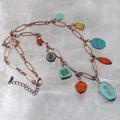 Turquoise and Orange Czech Glass and Antique Copper Necklace