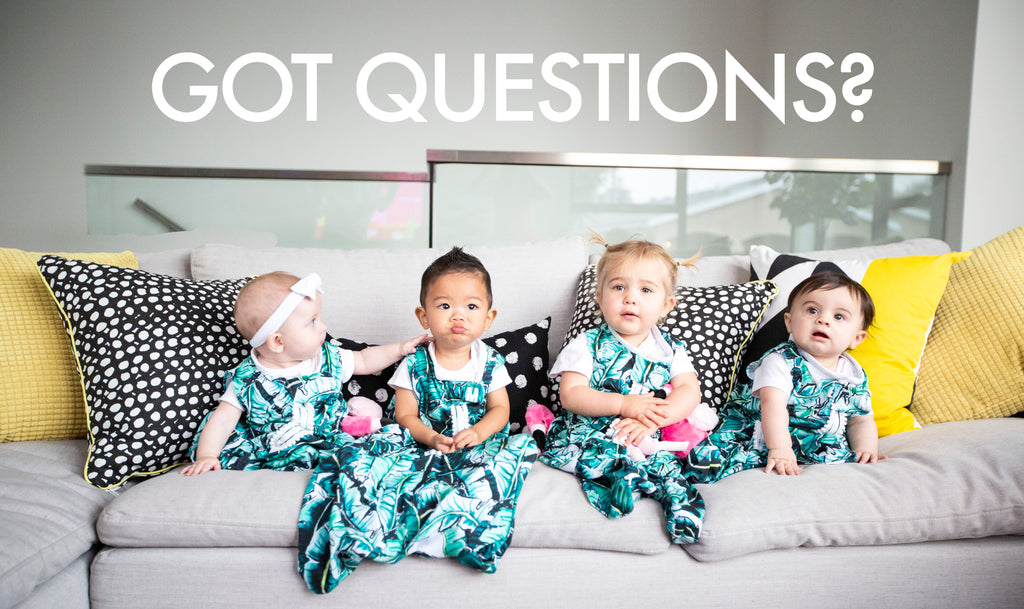 text over image: got questions? image: four children sitting on a couch, all wearing sleep sacks