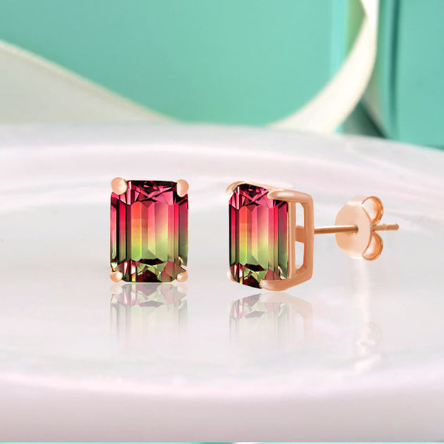 INSPIRED BY YOU Square Emerald and Round Prong Set Simulated Morganite and Cubic Zirconia Stud Bridal Earrings for Women in Rose Gold Plated Sterling Silver