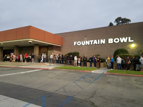 Lebowskifest Crowd lined up for 2019 event on 4/20 at Fountain Bowl in Fountain Valley, CA