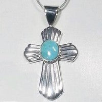 croix catholique en argent avec pierre de turquoise