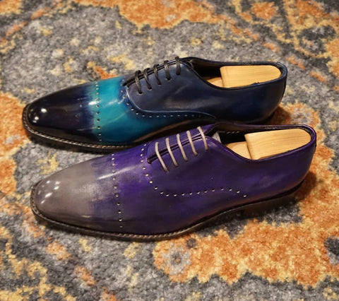 Atelier Del Calzado High Shined Purple Grey and Turquoise Hand Painted Patina Oxfords