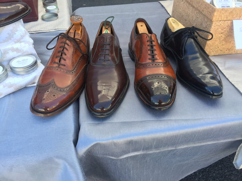 Front Center View of Shoe Shine Group Crockett & Jones Derby, Navyboot Calfskin Oxford, Allen Edmonds Strand with custom patina, and Vintage Florsheim Imperial Wingtips