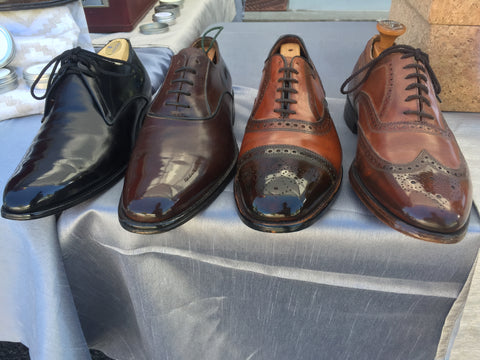 Head-on Front View of Shoe Shine Group Crockett & Jones Derby, Navyboot Calfskin Oxford, Allen Edmonds Strand with custom patina, and Vintage Florsheim Imperial Wingtips