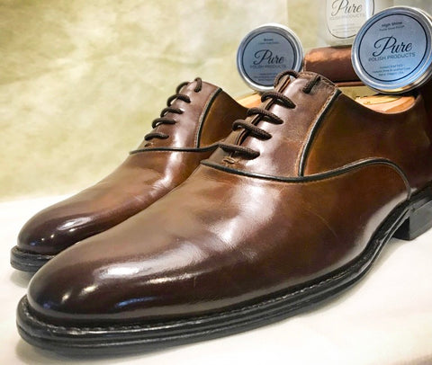 Calfskin Oxford Navyboot Shoes made in Switzerland Restored Leather with Pure Polish Cleaner Conditioner and given a mirror shine