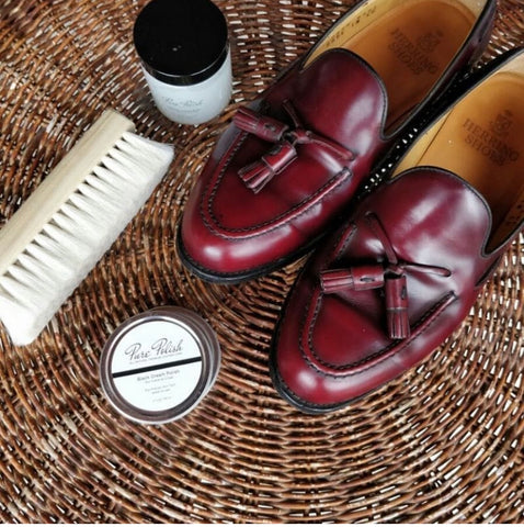 Herring Shoes Burgundy Tassel Loafers polished up by FUMU Singapore using Pure Polish Products and a Goat Hair Brush