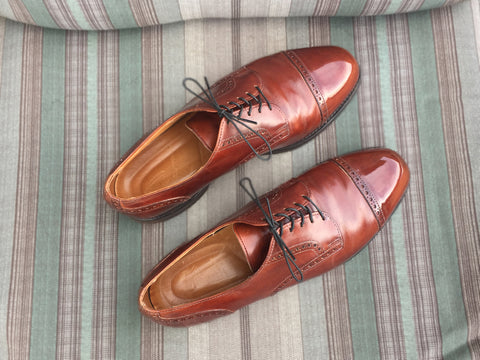 Top view of Allen Edmonds Benton Calfskin Derbies Mirror Shined using Lensing Black Wax