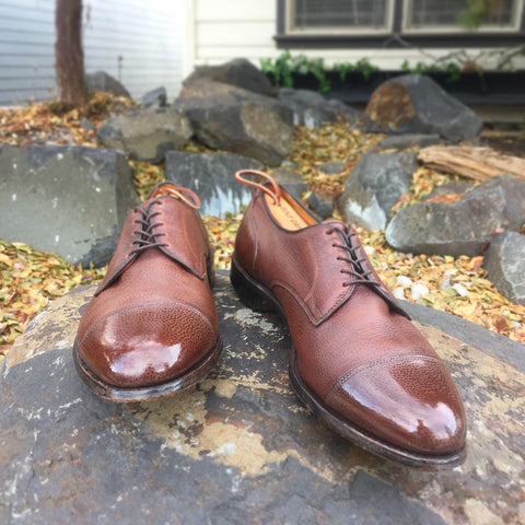 Mirror Shine Margate Derby Shoes High Shined with Fall Leaves in Background