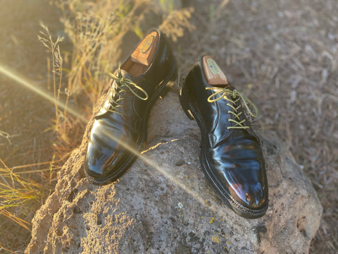 Sunset shining on a pair of Cordovan Shell Vintage Derbies