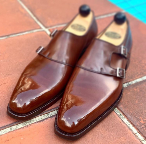 Vass Shoes Double Monkstraps given a mirror shine with High Shine Wax.