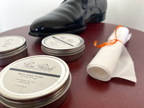 Premium Polishing Cloth with Black Tie Bundle and a Mirror Shined Black Leather Dress Shoe