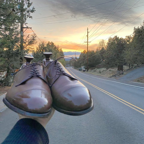 Sunset over the Cascades in Bend, Oregon with a Vintage pair of Allen Edmonds Scotch Grain Derbies Shined in the Foreground