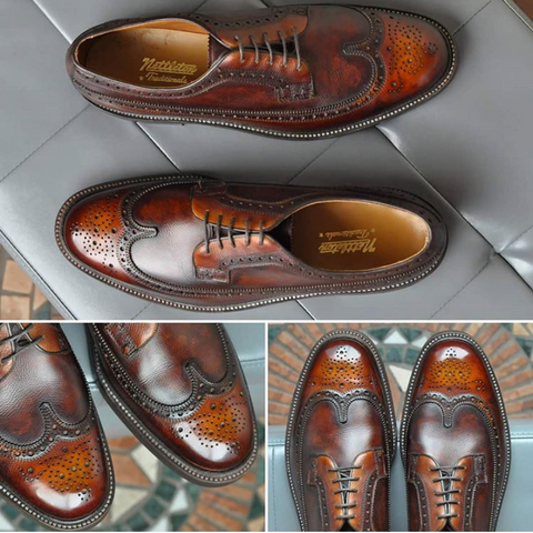 Vintage Nettleton Longwing Bluchers given a custom patina reverse burnish using a combination of products and Pure Polish High Shine Wax