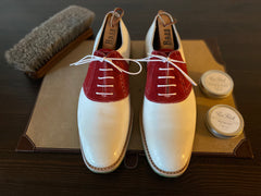 White Leather and Red Suede Carlos Santos Oxford Saddle Shoes with dirty toes