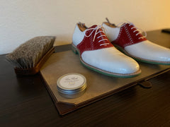 High Shine Paste Wax for Mirror Shines to be used on the Carlos Santos White Leather Saddle Shoes