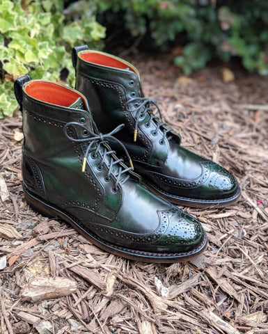 Wingtip Wednesday Allen Edmonds Dalton Boots with custom green patina and mirror shine - top left view