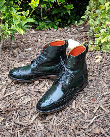 Wingtip Wednesday Allen Edmonds Dalton Boots with custom green patina and mirror shine - top right view